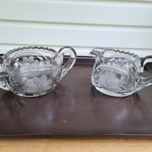 Vintage Creamer & Sugar Set, Cut Glass Flower & Leaf pattern, Scallop Edge